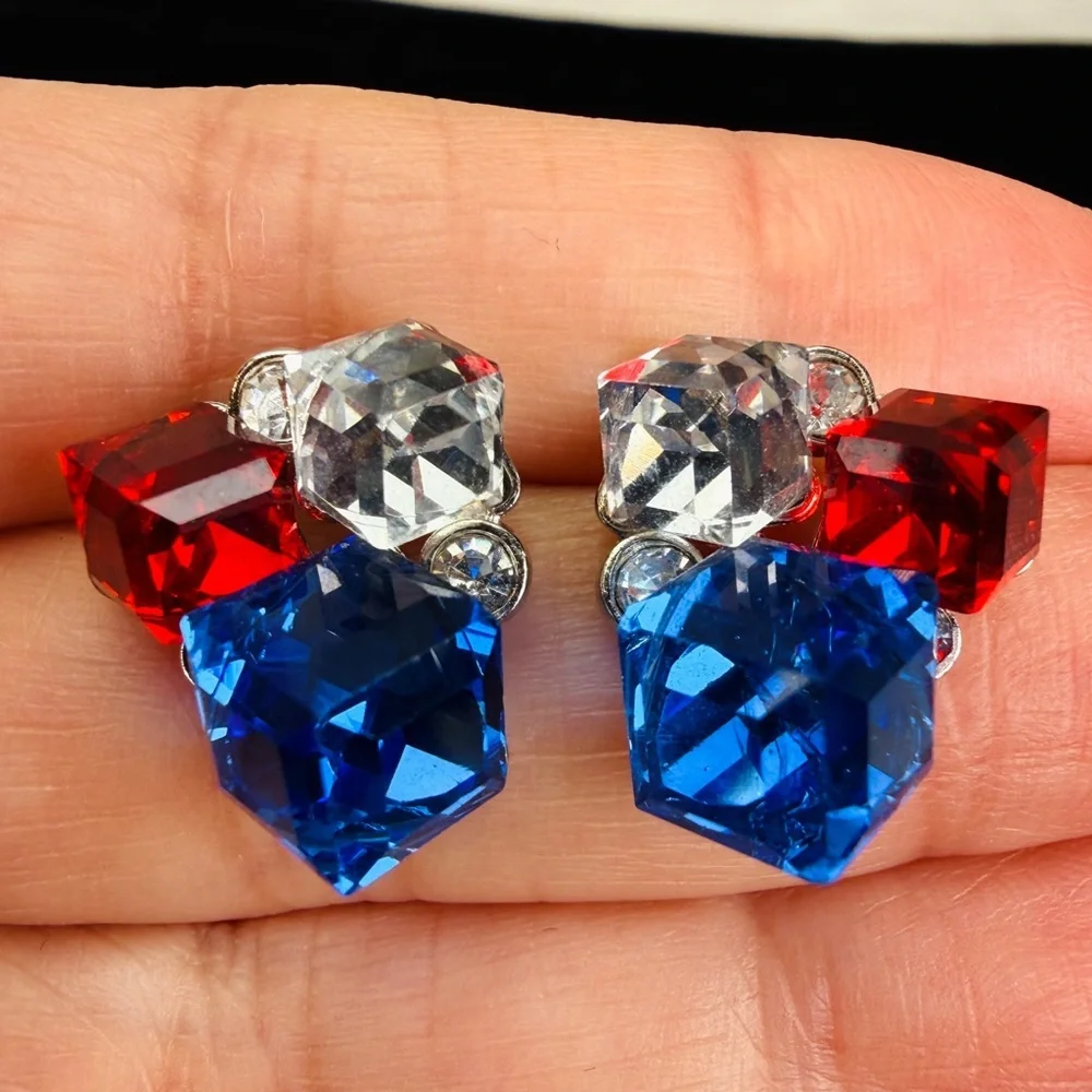 Custom, red, clear and blue pierced bling earrings